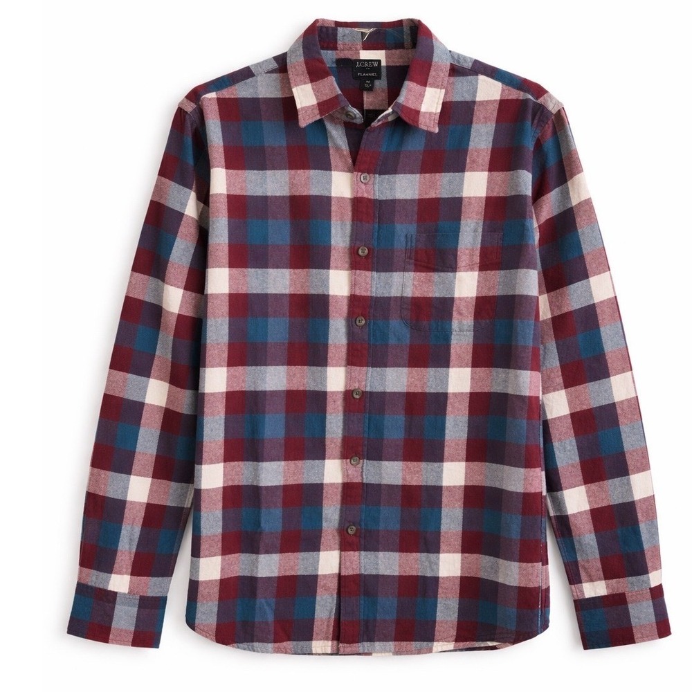 J.Crew Mens Flannel Button Down Shirt Plaid Burgundy Teal AZ838 Size M‎ New